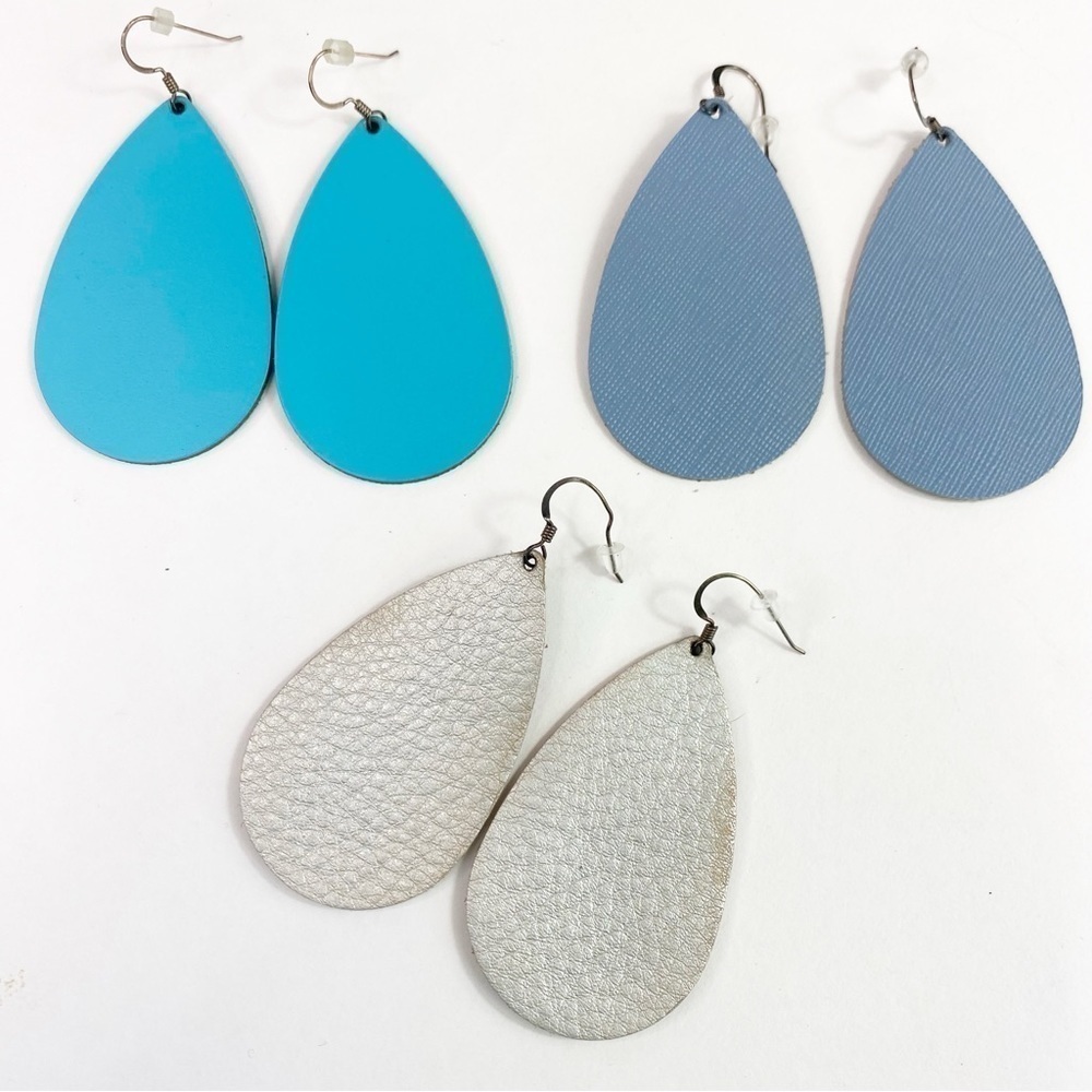 Nickel & Suede Leather Teardrop Dangle Earrings Bundle Of Three Blues & Silver